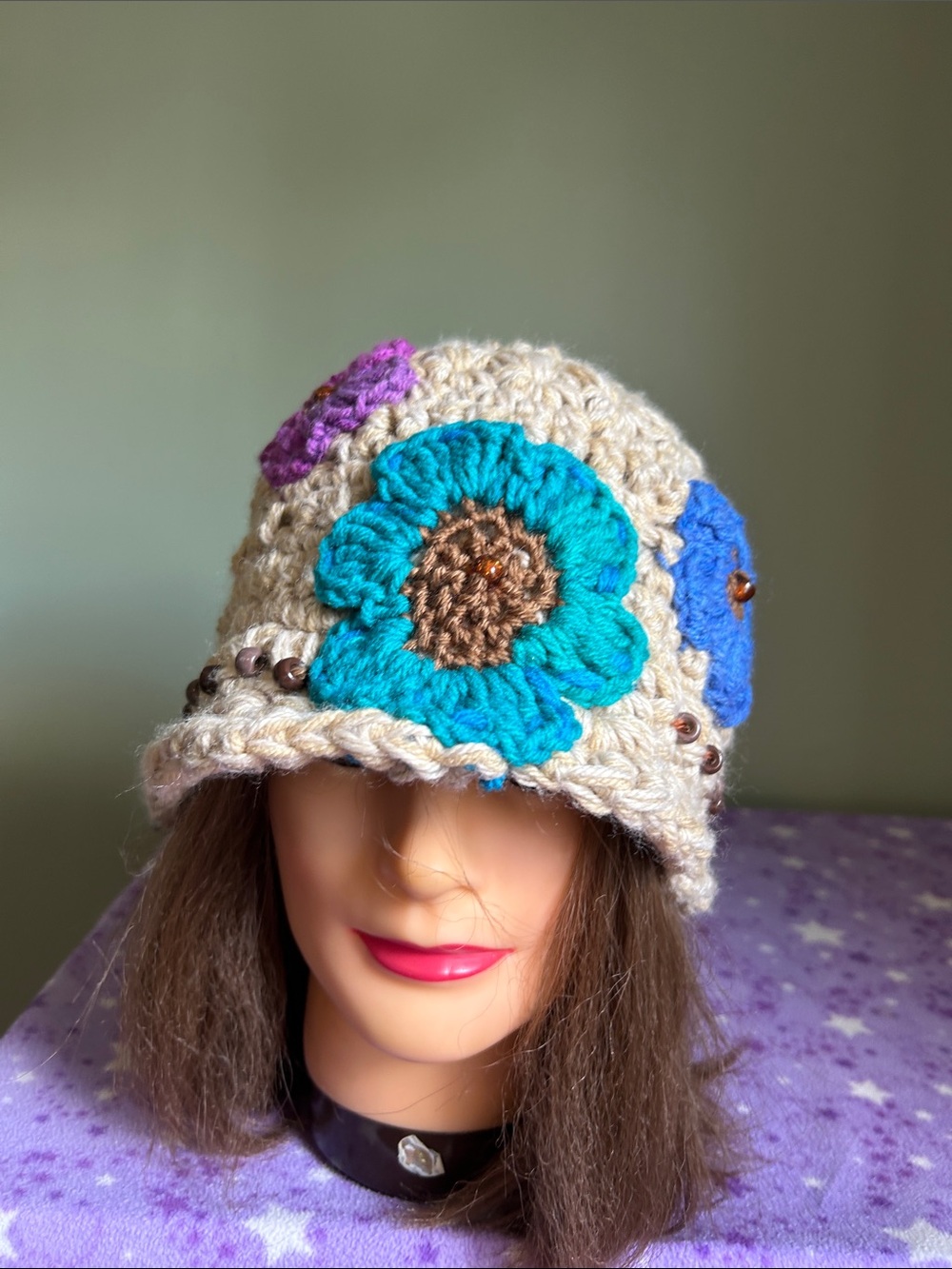 Crochet Flower Beanie with Turquoise and Purple Accents acrylic hemp yarn - Picture 6 of 8